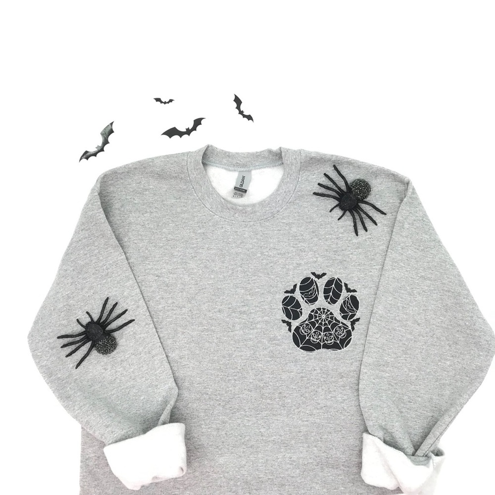Gildan Halloween Sweatshirt with Embroidered Glow in the Dark Paw Spider Design